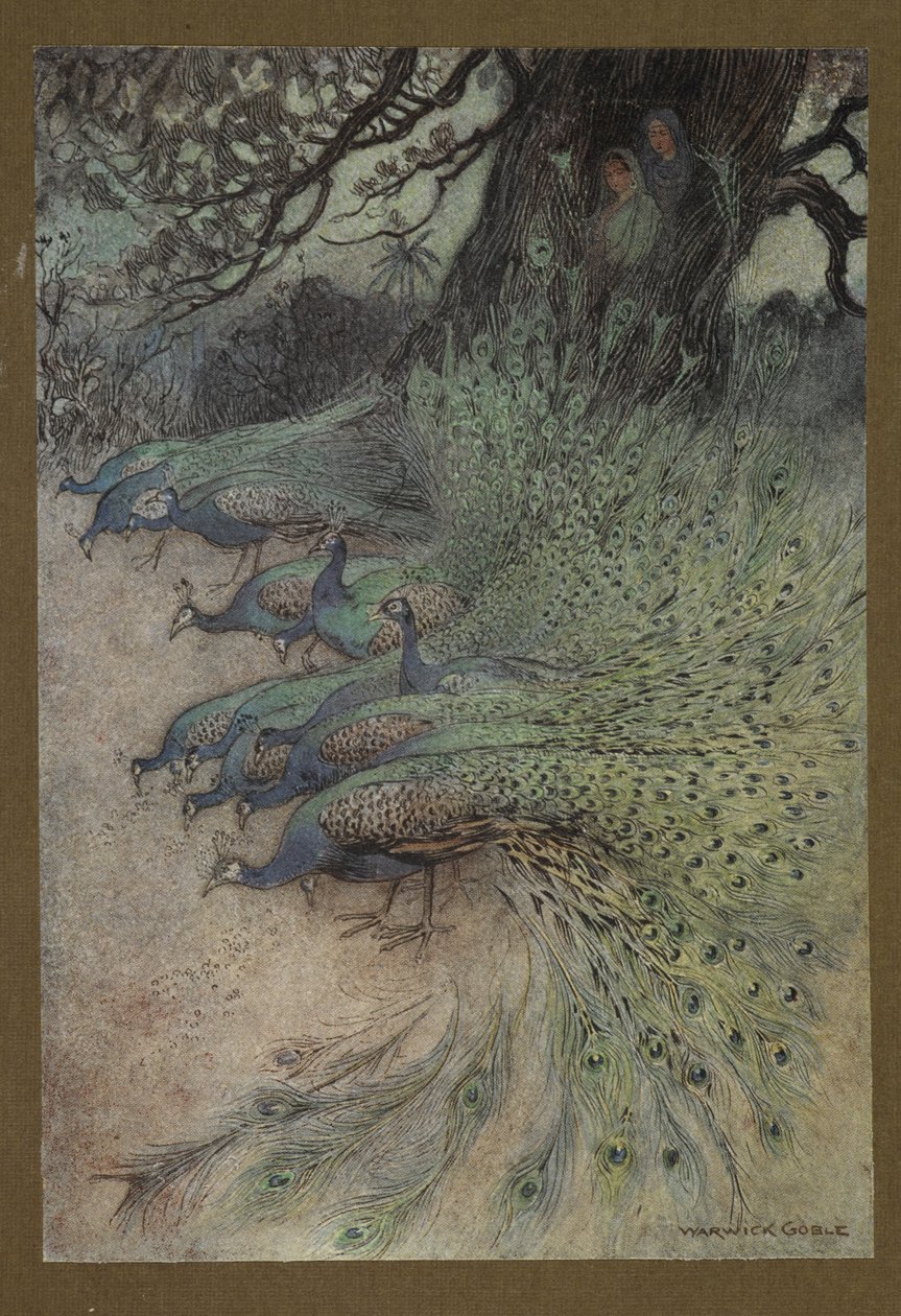 Tavola 11: "Centinaia di pavoni dalle piume sgargianti vennero agli argini per mangiare il khai", da Fiabe popolari del Bengala ... Con 32 illustrazioni a colori di Warwick Goble (Edizione di lusso) da Warwick Goble