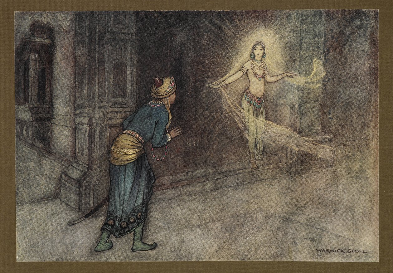 Tavola 13: "Vide una bellissima donna uscire dal palazzo", da Fiabe popolari del Bengala ... Con 32 illustrazioni a colori di Warwick Goble (Edizione di lusso) 1914 da Warwick Goble