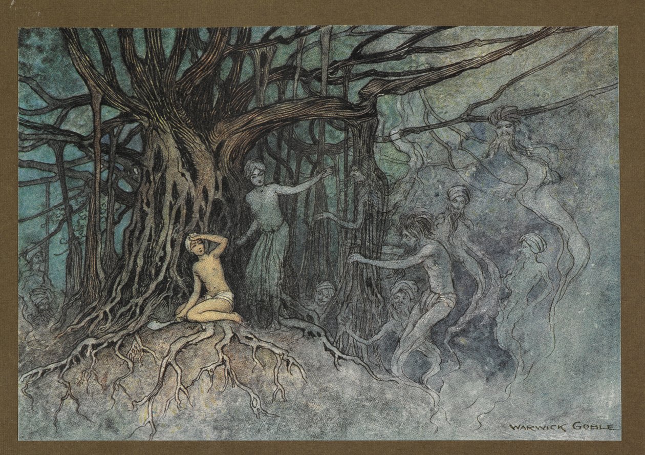 Tavola 19: "Nel momento in cui fu dato il primo colpo, molti fantasmi si precipitarono verso il Brahman, da "Folk-Tales of Bengal ... Con 32 illustrazioni a colori di Warwick Goble (Edizione de luxe.) da Warwick Goble