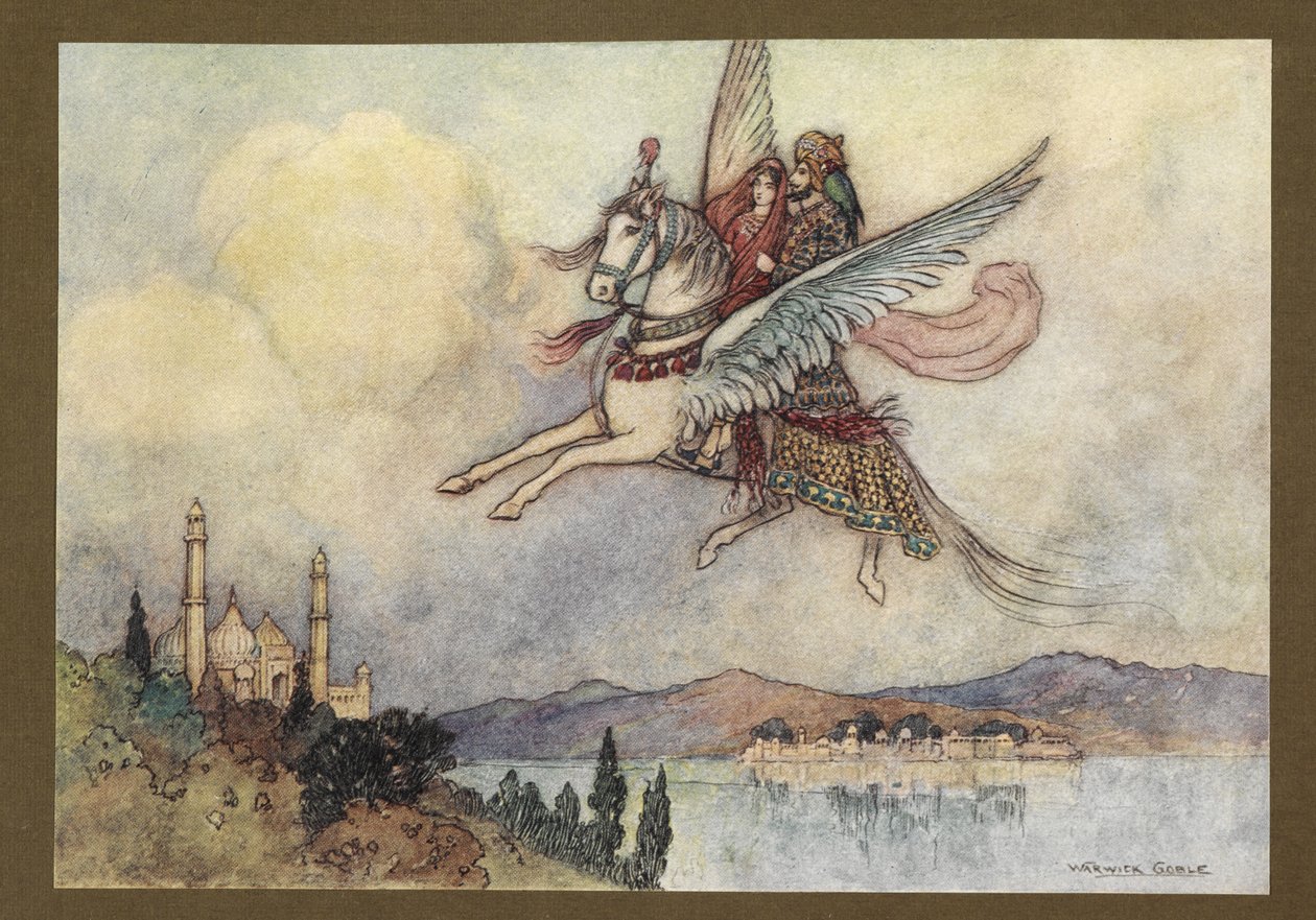 Tavola 20: "La signora, il re e hiraman raggiunsero la capitale del re sani e salvi", da Folk-Tales of Bengal ... Con 32 illustrazioni a colori di Warwick Goble (Edizione de luxe.) da Warwick Goble