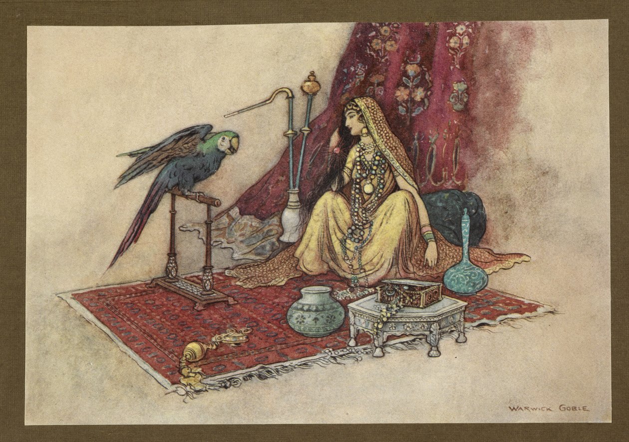 Tavola 21: "Quale principessa mette mai solo un rubino nei capelli?" da Folk-Tales of Bengal ... Con 32 illustrazioni a colori di Warwick Goble (Edizione de luxe.) da Warwick Goble
