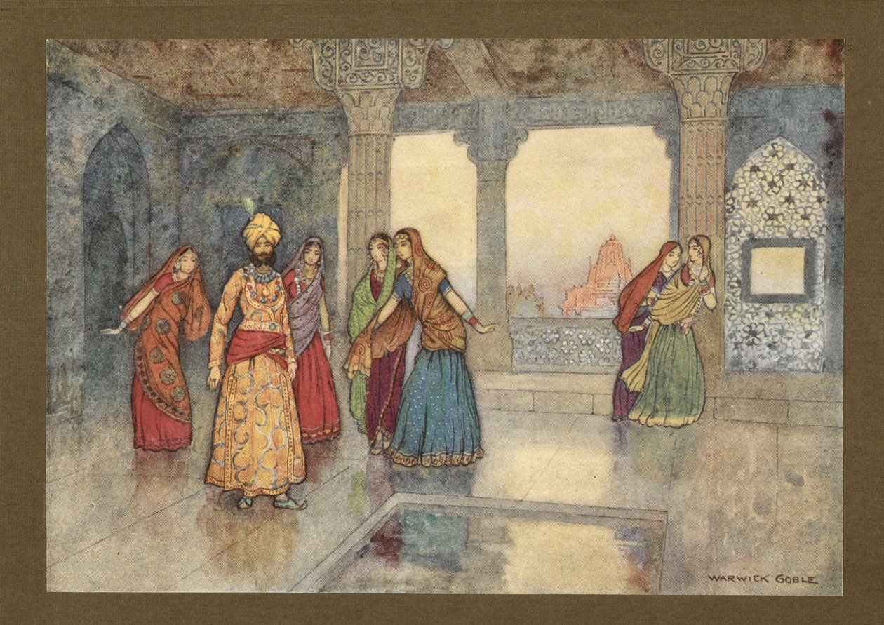Tavola 25: "Le sei regine cercarono di confortarlo", da Folk-Tales of Bengal ... Con 32 illustrazioni a colori di Warwick Goble. (Edizione de luxe.) 1914 (litografia a colori) da Warwick Goble