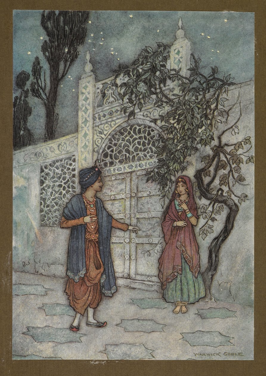 Tavola 2: "Il principe si riprese e, camminando, vide una figura umana vicino al cancello", da Folk-Tales of Bengal... Con 32 illustrazioni a colori di Warwick Goble da Warwick Goble