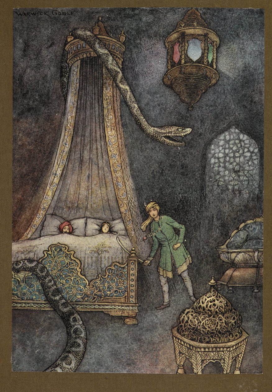 Tavola 3: "Si precipitò fuori dal suo nascondiglio e uccise il serpente", da Folk-Tales of Bengal ... Con 32 illustrazioni a colori di Warwick Goble. (Edizione de luxe) da Warwick Goble