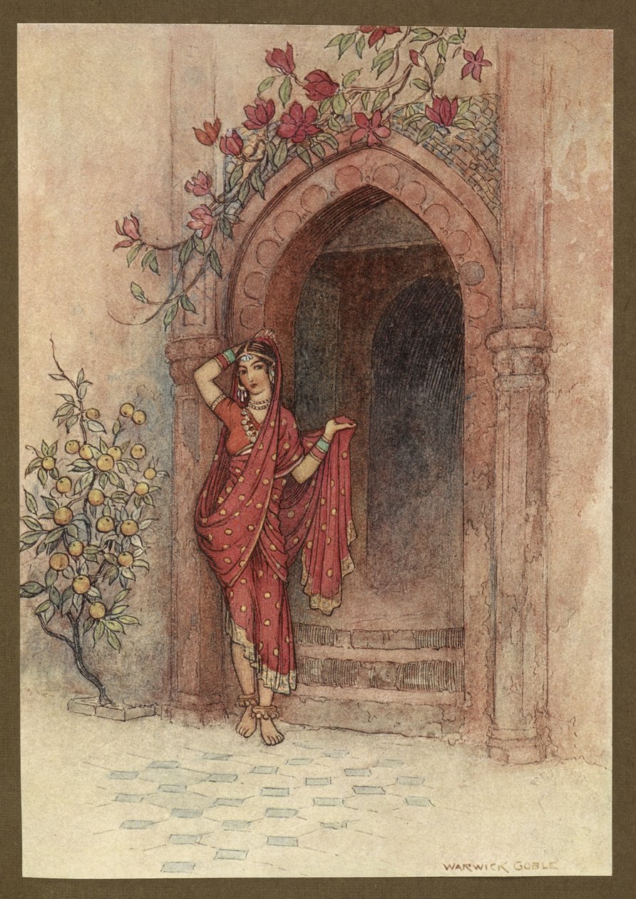 Tavola 5: "Alla porta della quale stava una signora di squisita bellezza", da Folk-Tales of Bengal ... Con 32 illustrazioni a colori di Warwick Goble. (Edizione de luxe) da Warwick Goble