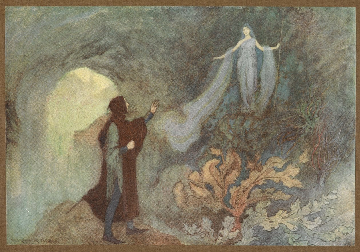La fata appare al principe nella grotta, da Cenerentola da Warwick Goble
