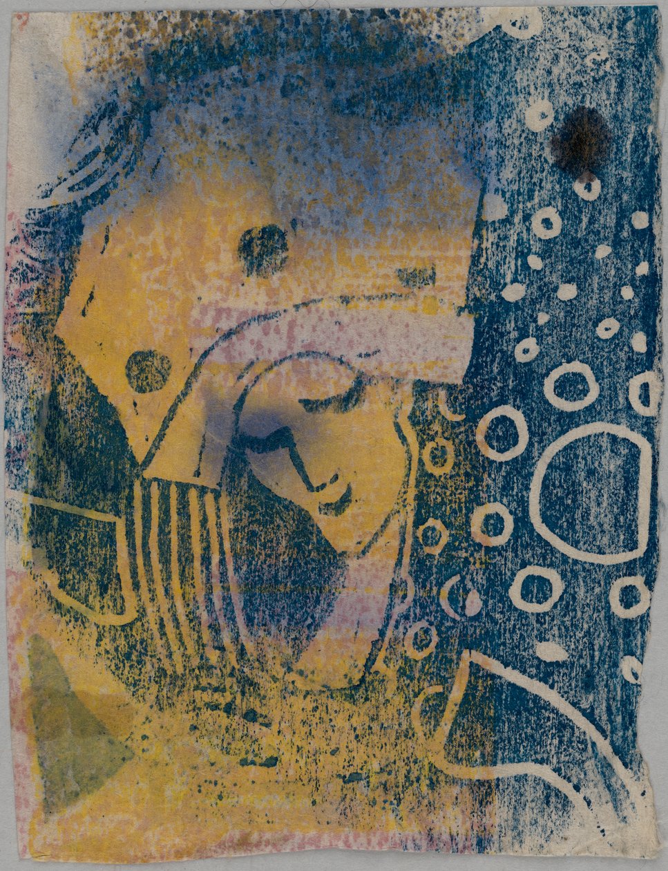 Farbholzschnitt-Probedrucke; Vorderseite: Frauenkopf mit großer Haube, Hintergrund mit Kreismusterung; Rückseite: Hand, stehende Gestalten da Wassily Kandinsky