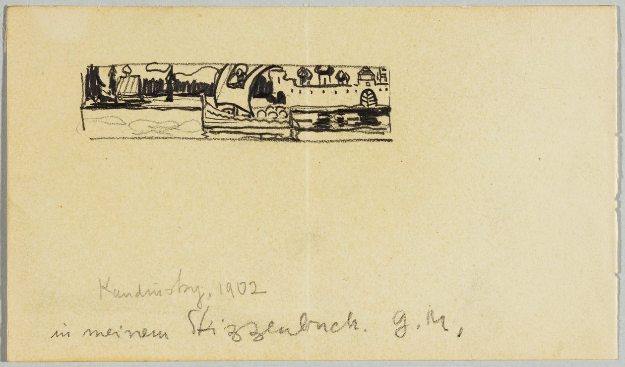Paesaggio fluviale con barca e città murata da Wassily Kandinsky