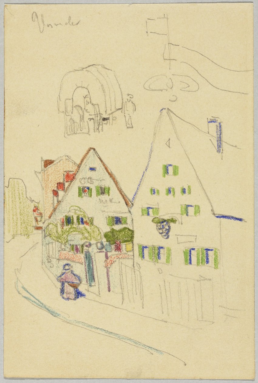 Strada con case a tetto a sella e carro coperto, verso: Vista di un luogo con una chiesa a torre a cipolla da Wassily Kandinsky