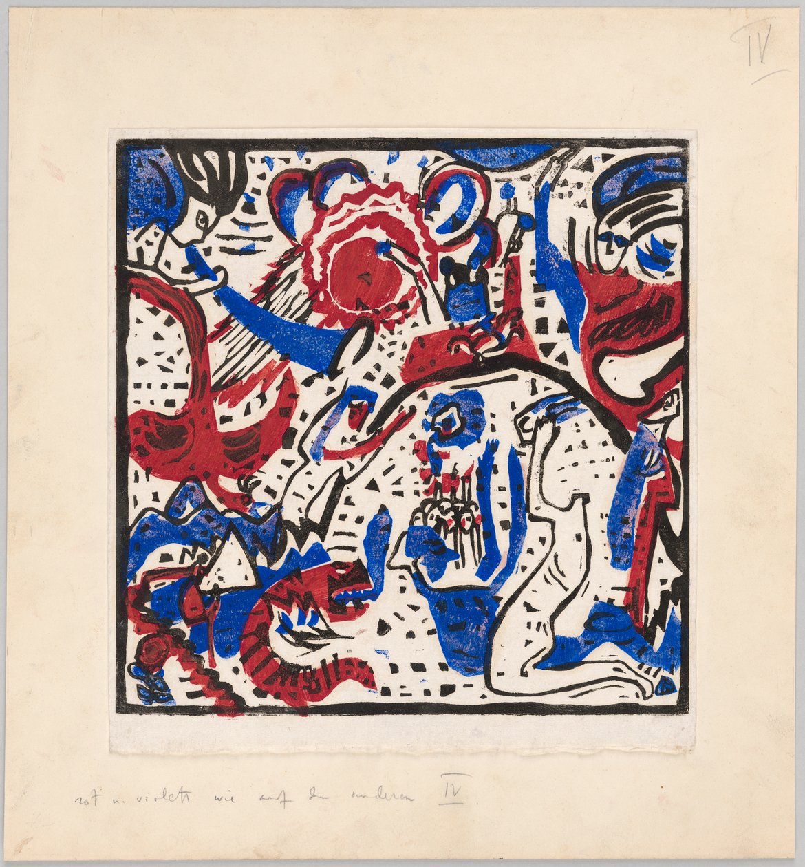 Holzschnitt nach dem Hinterglasbild "Große Auferstehung" (Probedruck mit Anweisungen für Kandinskys Buch "Klänge" (1912), S. 97) da Wassily Kandinsky