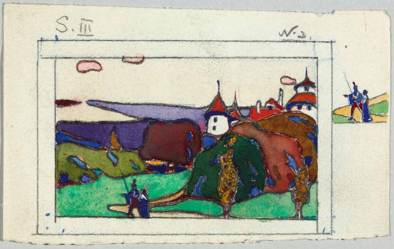 Paesaggio con una coppia in costumi medievali, sul retro: frammento di un cavaliere in armatura da Wassily Kandinsky