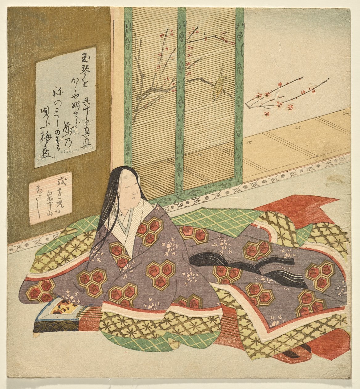 Una dama di corte seduta a un koto, che guarda un giardino da Watanabe Kazan