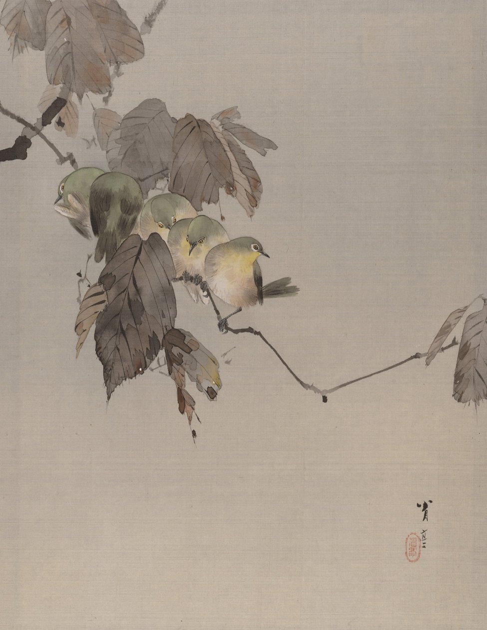 Uccelli su un ramo, ca. 1887 da Watanabe Seitei