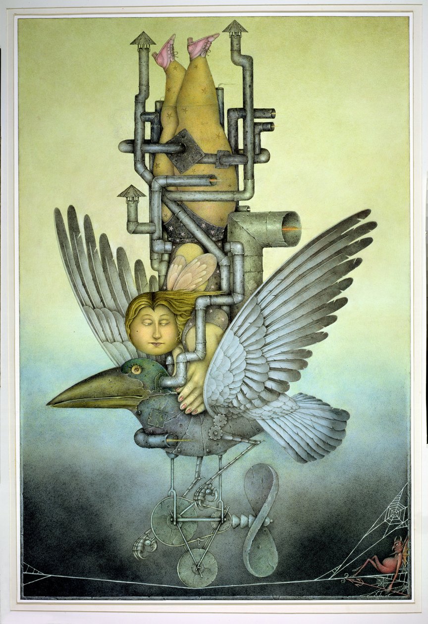 Ragazza in equilibrio su un uccello meccanico su una corda tesa (matita e pastello colorato su carta) da Wayne Anderson
