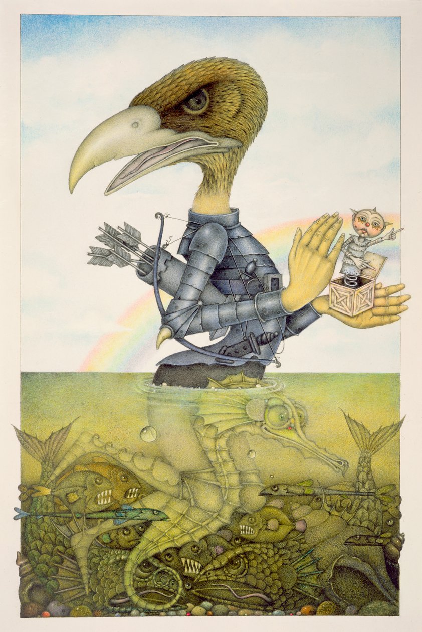 Uccello in armatura su cavallo marino (matita e pastello colorato su carta) (coppia di 150071) da Wayne Anderson