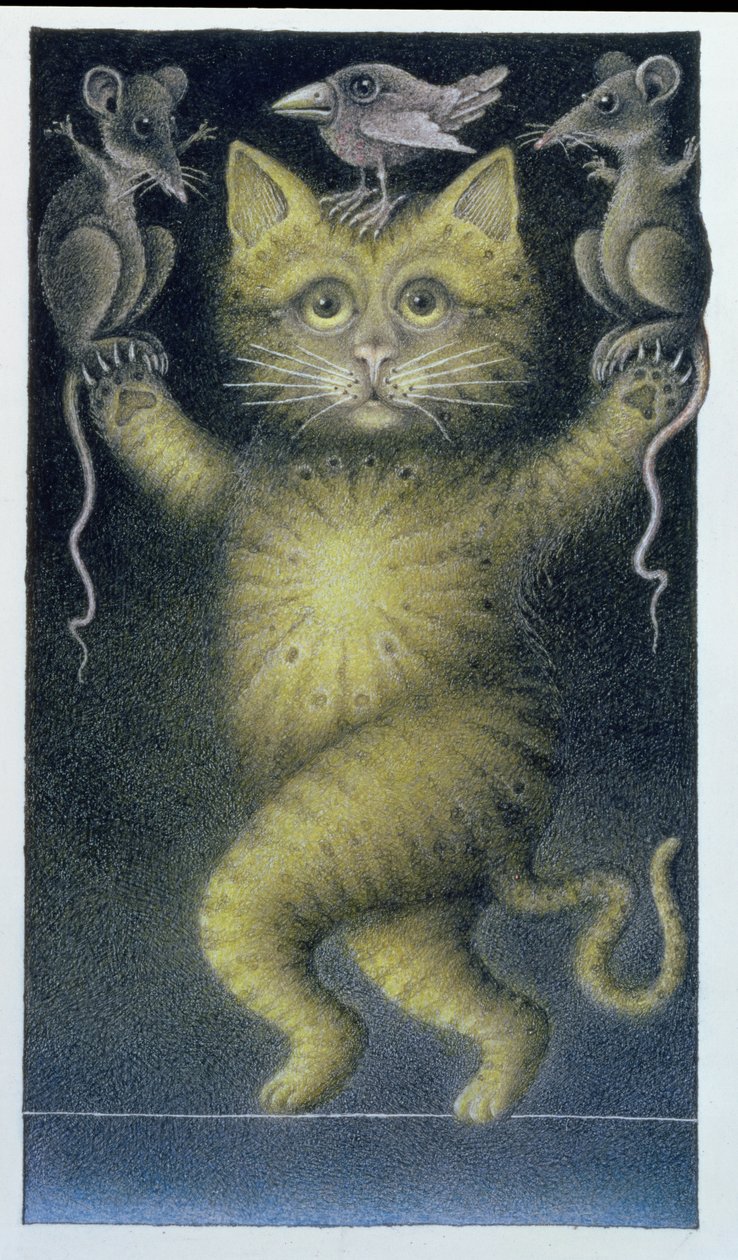 Gatto sulla fune, in equilibrio con uccello e topi (matita e pastello colorato su carta) da Wayne Anderson