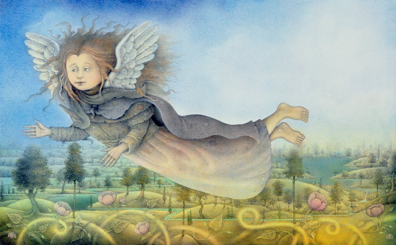 Fata volante sul paesaggio (matita e pastello colorato su carta) da Wayne Anderson