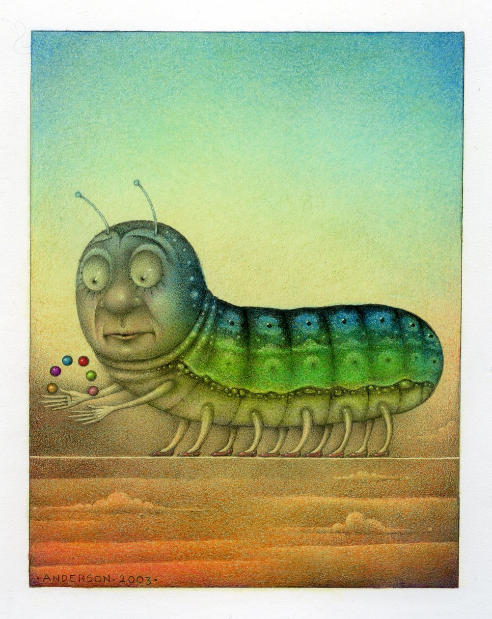 Bruco giocoliere, 2003 (tecnica mista su tavola) da Wayne Anderson