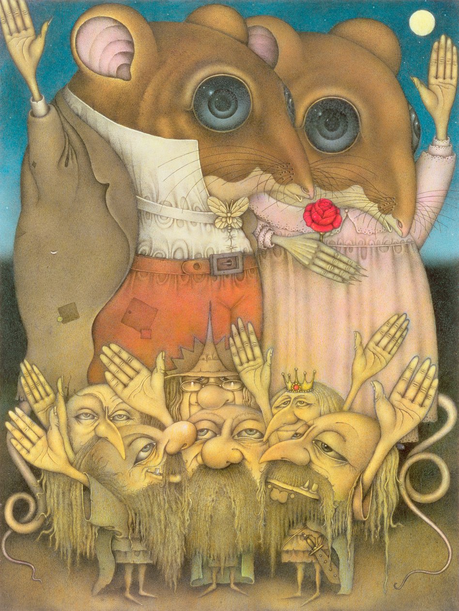 Coppia di topi e nani che salutano (matita e pastello colorato su carta) da Wayne Anderson
