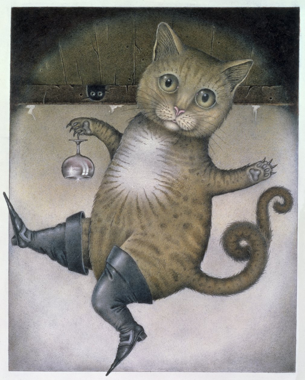 Il Gatto con gli stivali fa una capriola (matita e pastello colorato su carta) da Wayne Anderson