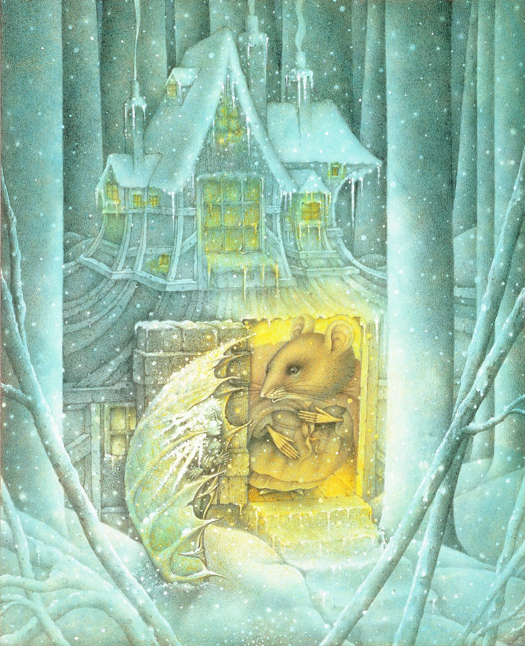 Pollicino e il topo nella neve (matita e pastello colorato su carta) da Wayne Anderson