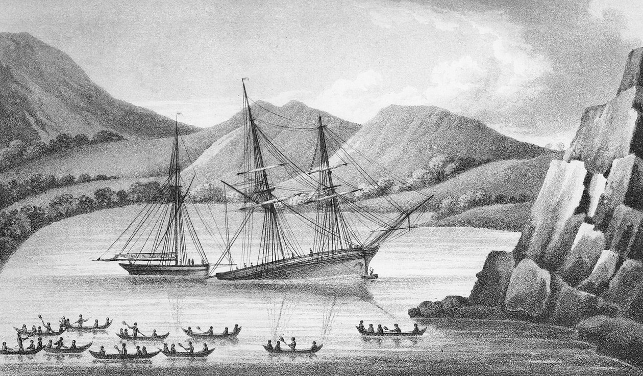 Il brigantino Jane e il cutter Beaufoy che passano attraverso una catena di isole di ghiaccio, 1826 da Weddell