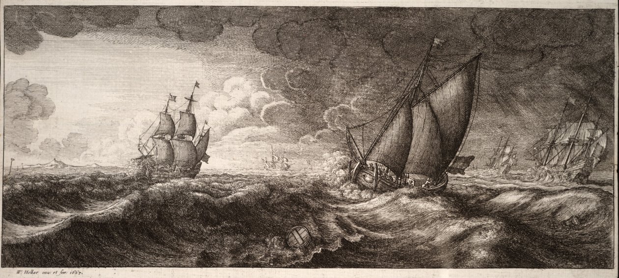 Uno yacht e tre navi da guerra in una tempesta. Stato 1 da Wenceslaus Hollar