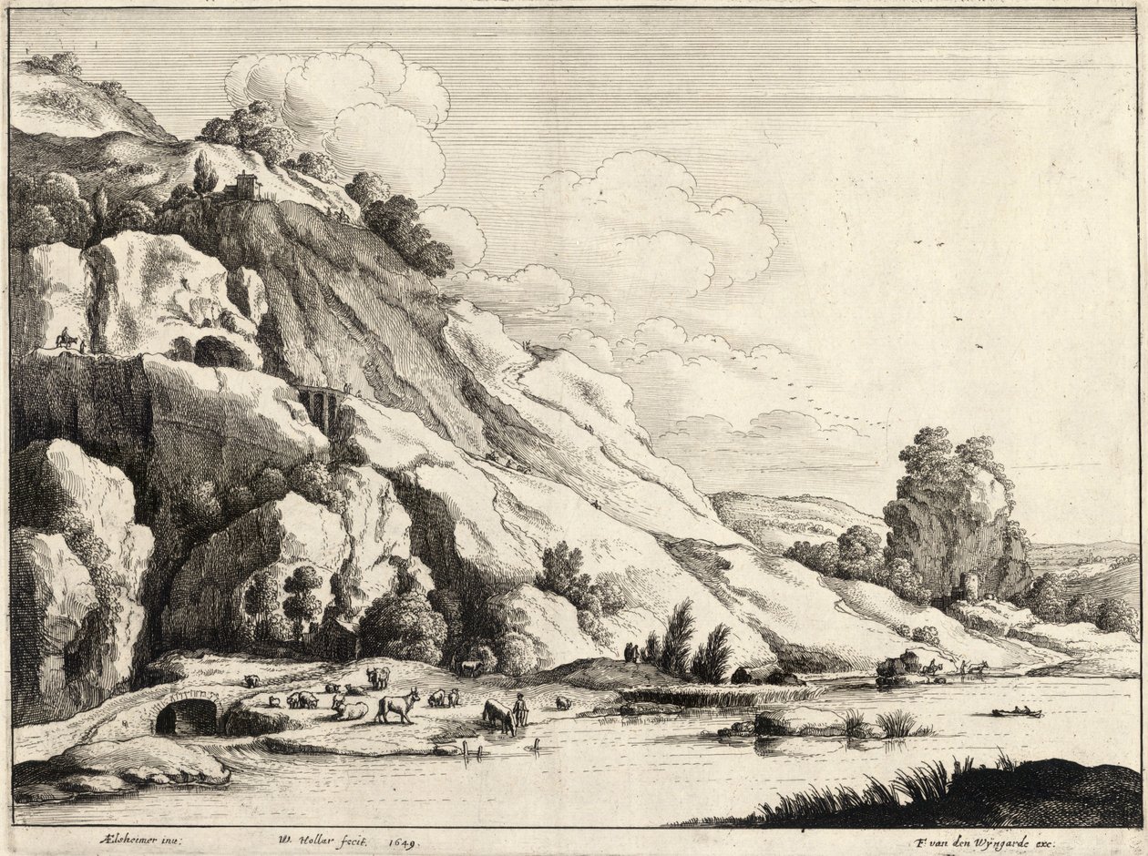 Il ponte di pietra (Elsheimer). Stato 1 da Wenceslaus Hollar