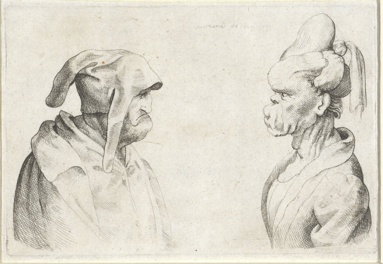 Teste deformi di un uomo con cappello floscio e donna con capelli legati da Wenceslaus Hollar (attributed to)