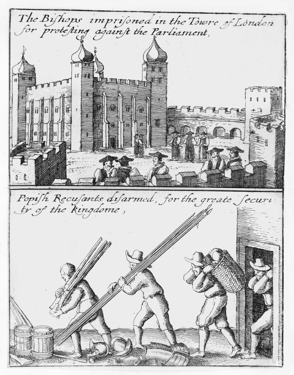 Vescovi imprigionati nella Torre di Londra; recusanti papisti disarmati da Wenceslaus Hollar