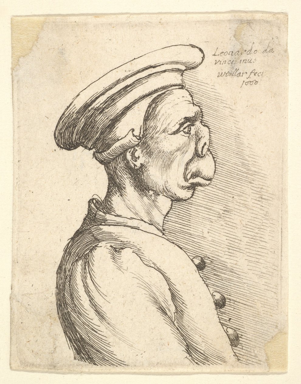 Busto di un uomo con naso piatto e bocca sporgente, che indossa un berretto piatto e un cappotto abbottonato, 1660 da Wenceslaus Hollar