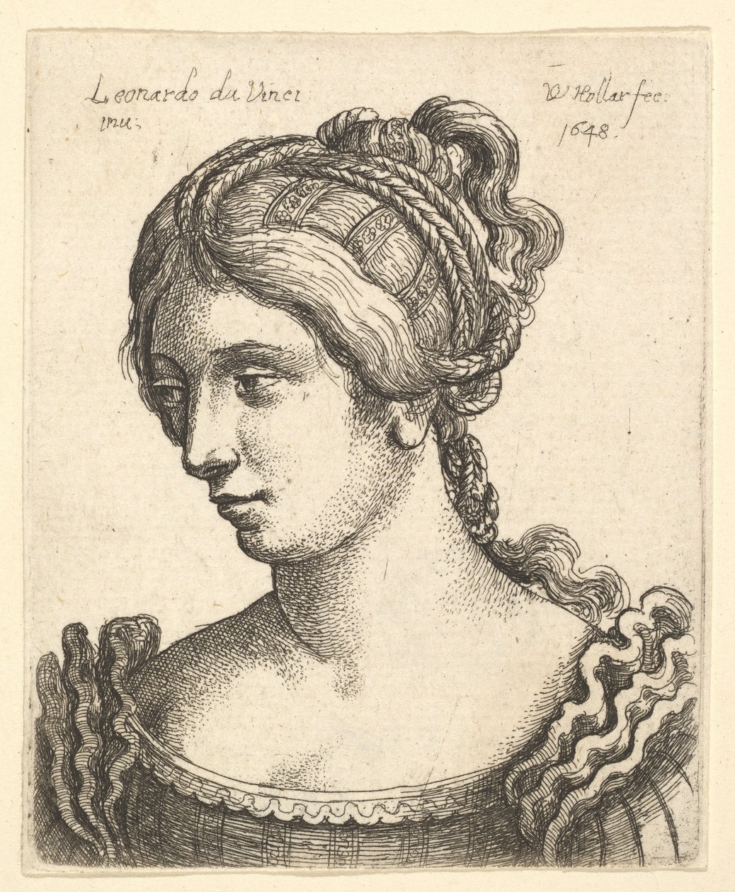 Busto di donna che guarda verso il basso a sinistra con capelli elaboratamente decorati da Wenceslaus Hollar
