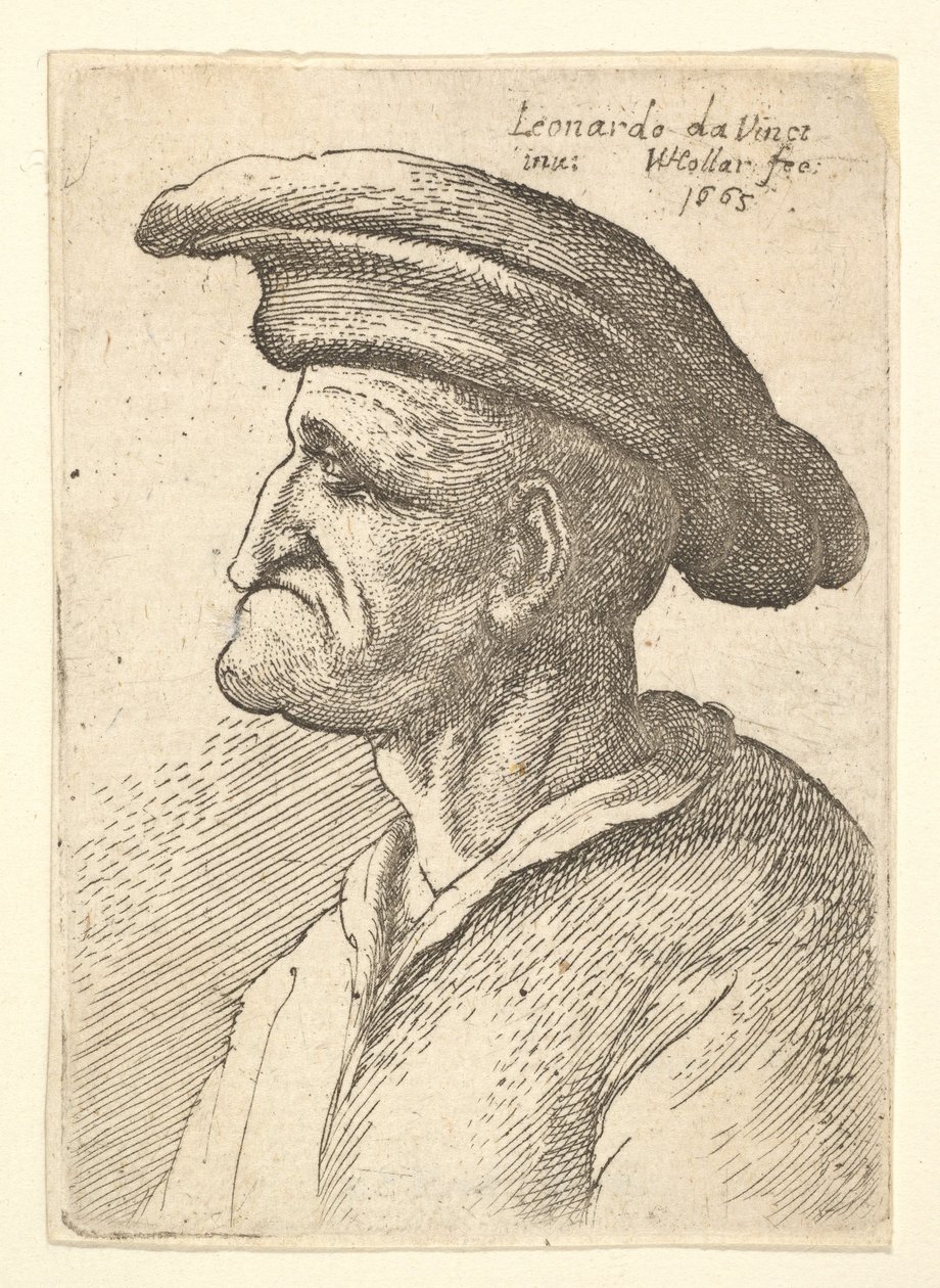 Busto di uomo anziano con naso che incontra il labbro inferiore, che indossa un ampio cappello piatto in profilo, 1665 da Wenceslaus Hollar