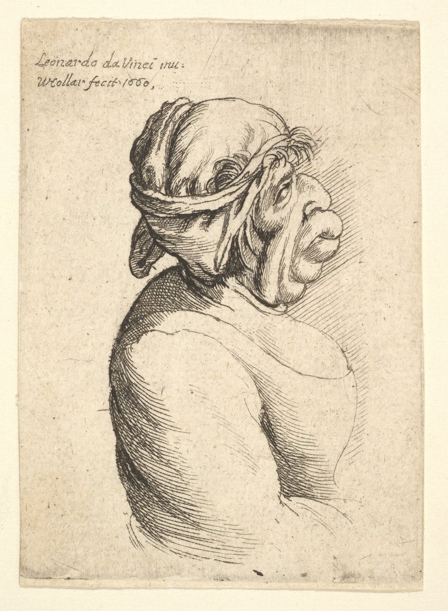Busto di donna con bocca sporgente che indossa un vestito scollato e un panno legato intorno alla testa, 1660 da Wenceslaus Hollar