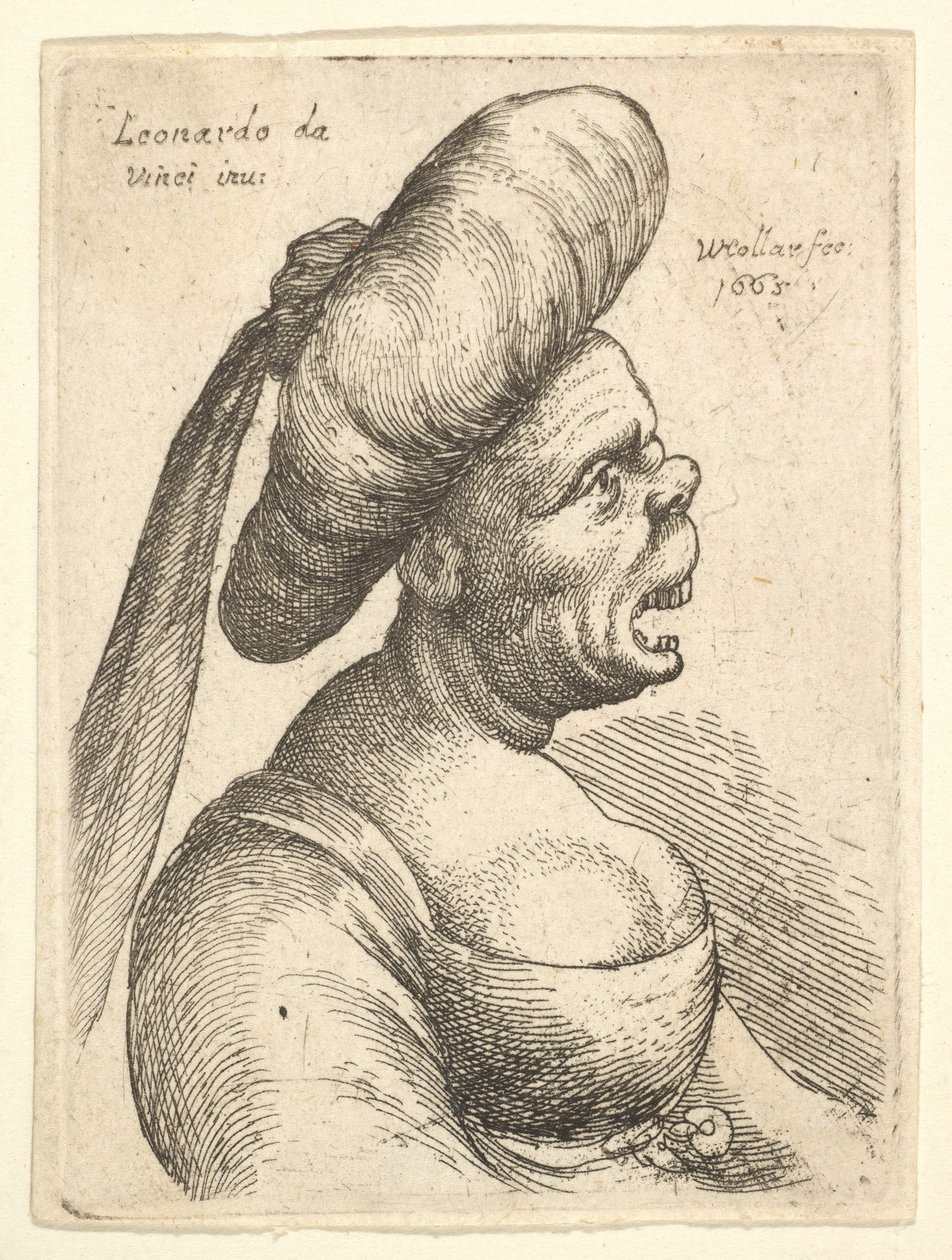 Busto di donna con bocca spalancata e naso all