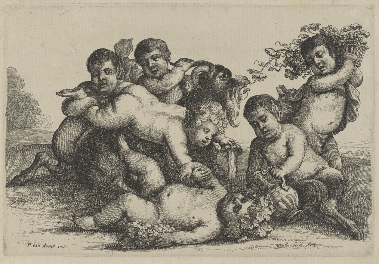 Tre bambini, due satiri, un baccante e una capra (serie: Putti e satiri) da Wenceslaus Hollar