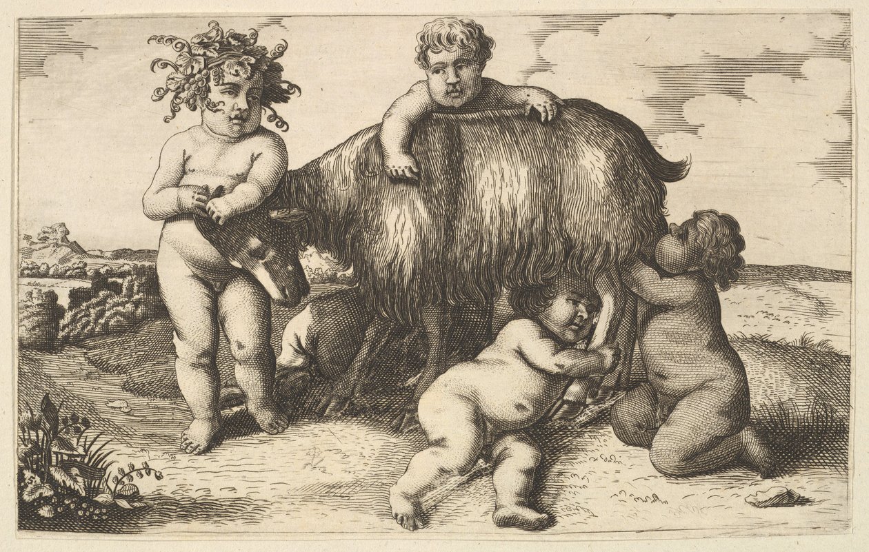 Quattro ragazzi, un giovane satiro e una capra copia inversa da Wenceslaus Hollar