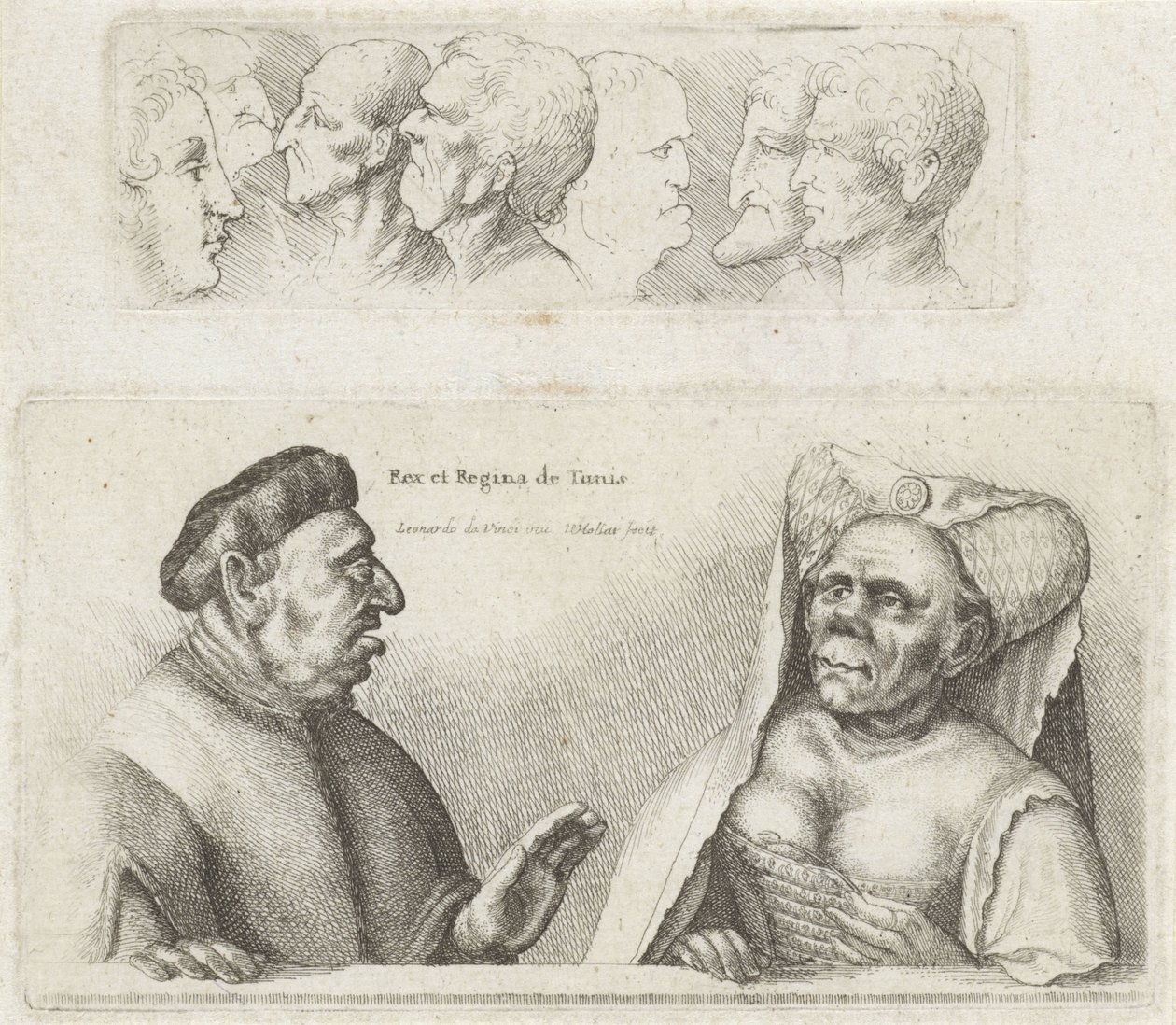 Fregio con teste di studio / Caricature del re e della regina di Tunisia da Wenceslaus Hollar