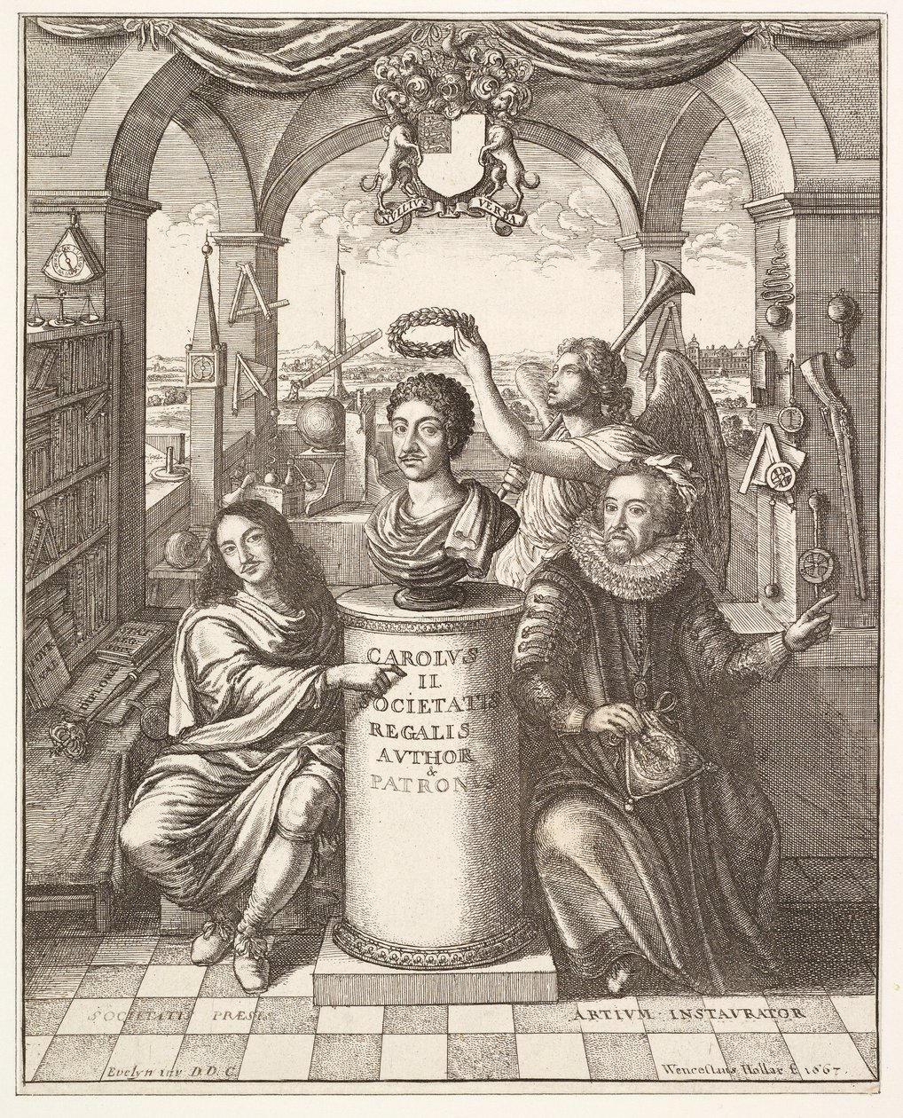 Frontespizio di The History of the Royal Society of London di Thomas Spratt, pub. 1702 da Wenceslaus Hollar