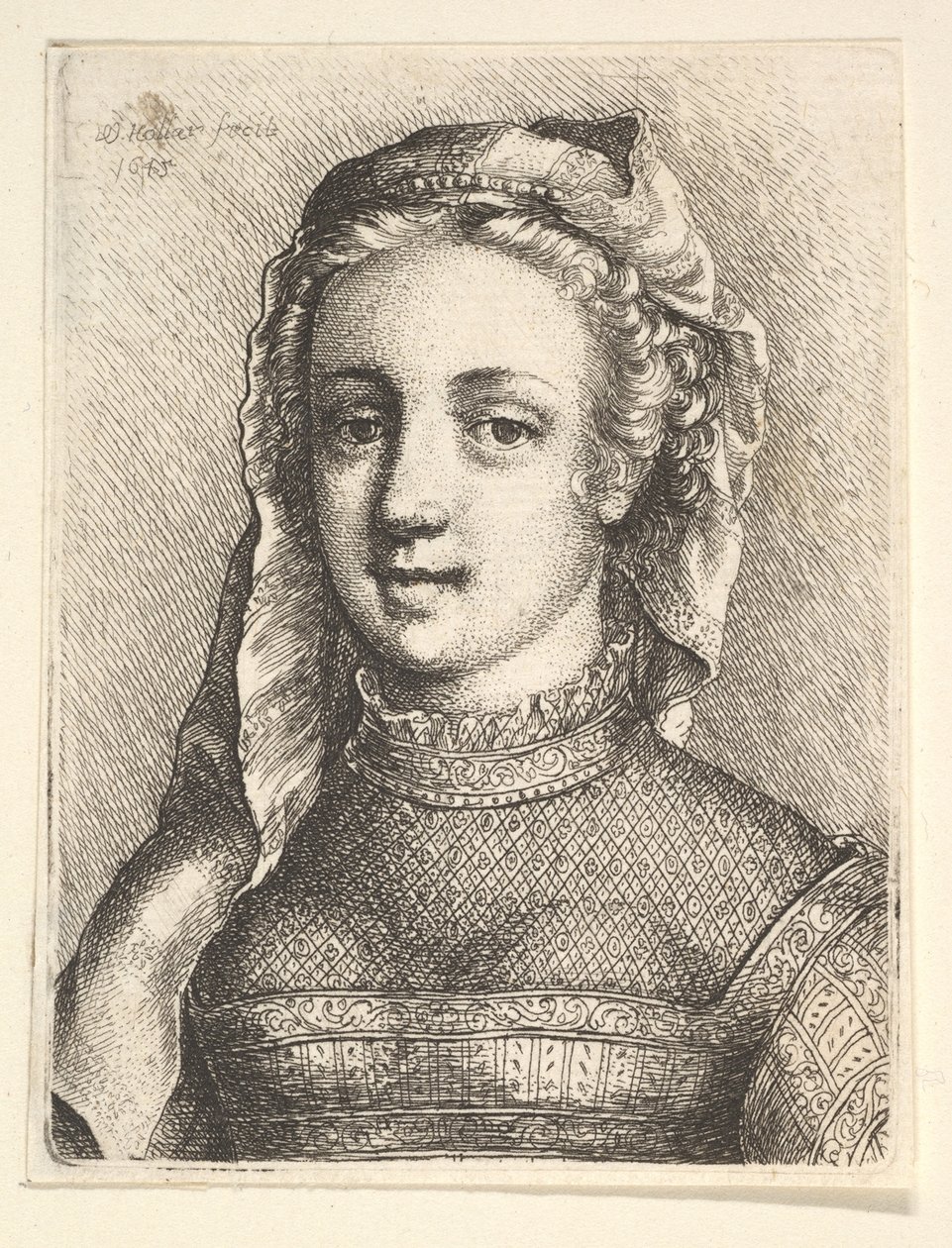 Testa e spalle di una donna con velo e colletto diafano da Wenceslaus Hollar