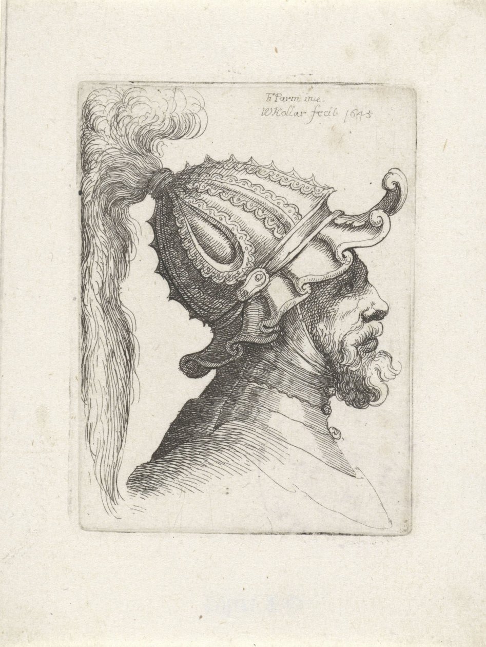 Testa di un uomo con elmo piumato da Wenceslaus Hollar