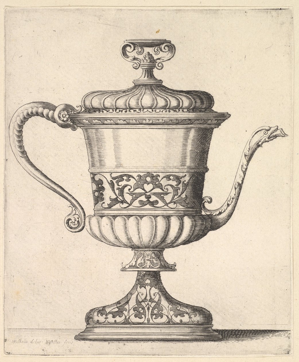 Brocca con coperchio, incisa con motivo arabesco, il beccuccio stretto a destra termina in un serpente da Wenceslaus Hollar