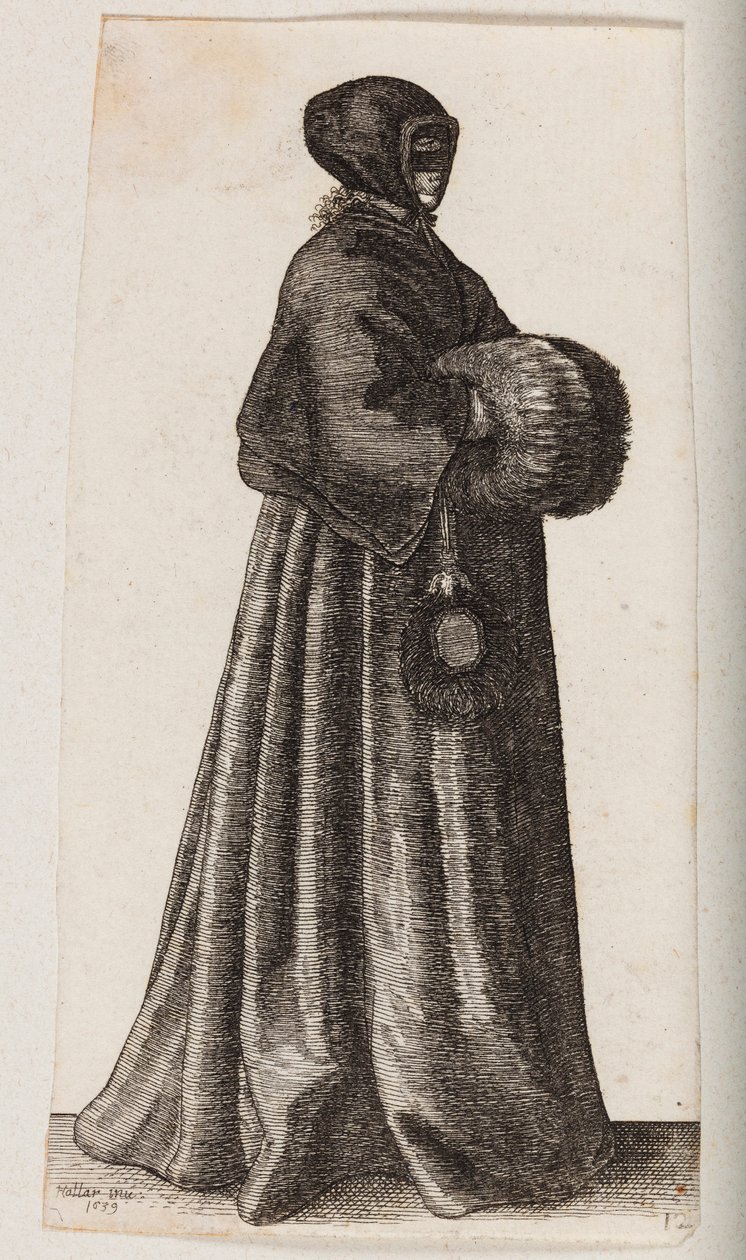 Donna vestita di nero con una maschera, una cuffia e un manicotto da Wenceslaus Hollar