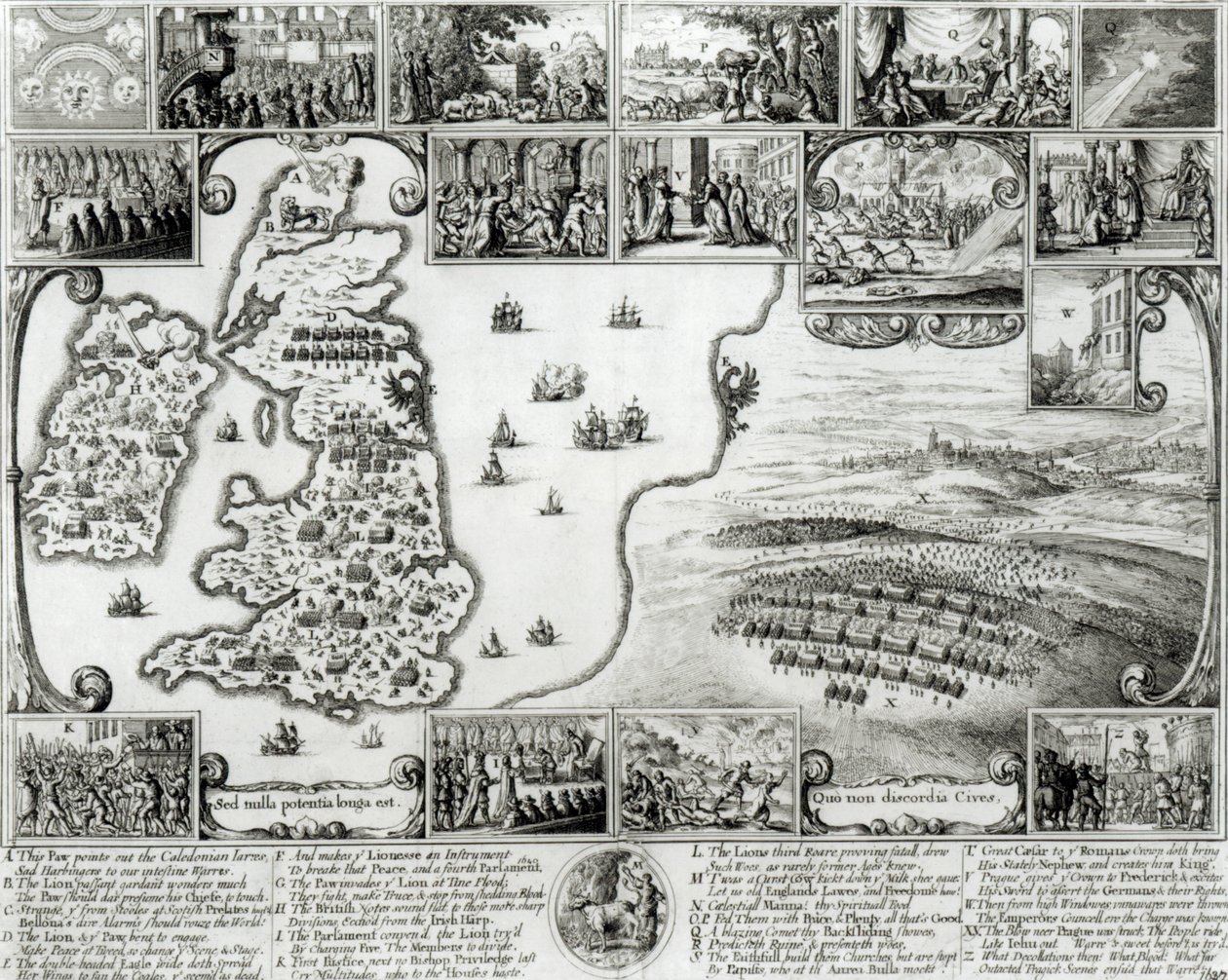 Mappa della guerra civile in Inghilterra e una vista di Praga, 1632 da Wenceslaus Hollar