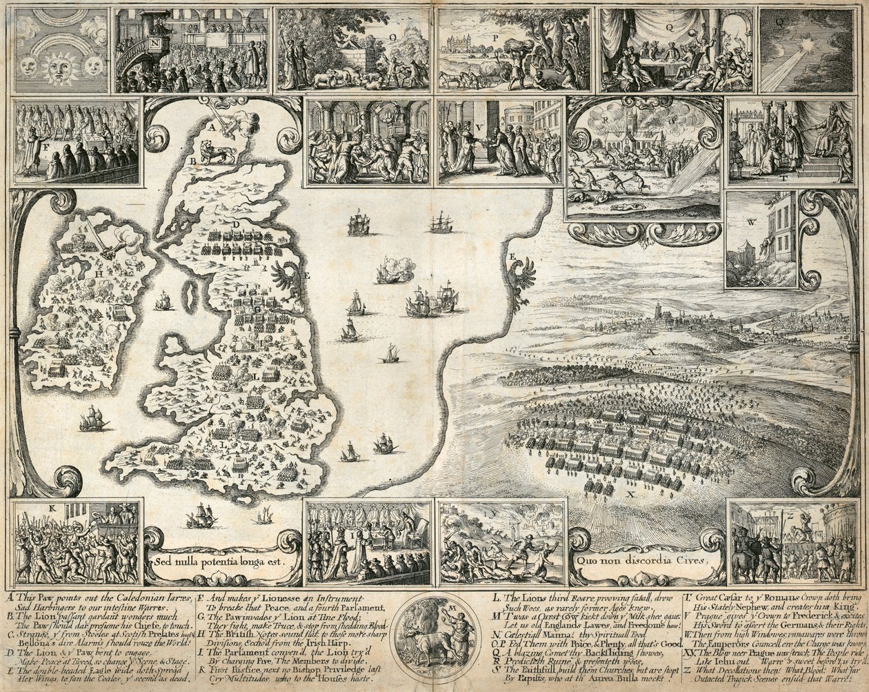 Mappa delle Isole Britanniche e illustrazioni di eventi storici del XVII secolo da Wenceslaus Hollar