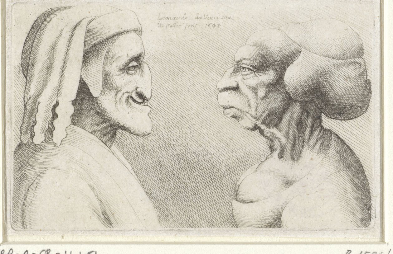 Caricature deformate di un uomo con berretto (Dante?) e donna da Wenceslaus Hollar