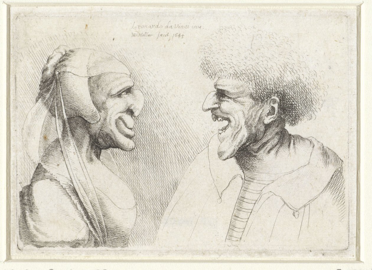 Teste deformate di un uomo che ride e di una donna con cuffietta da Wenceslaus Hollar