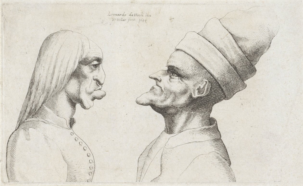 Teste deformate di una donna con capelli lisci e un uomo con cappello a doppia falda da Wenceslaus Hollar