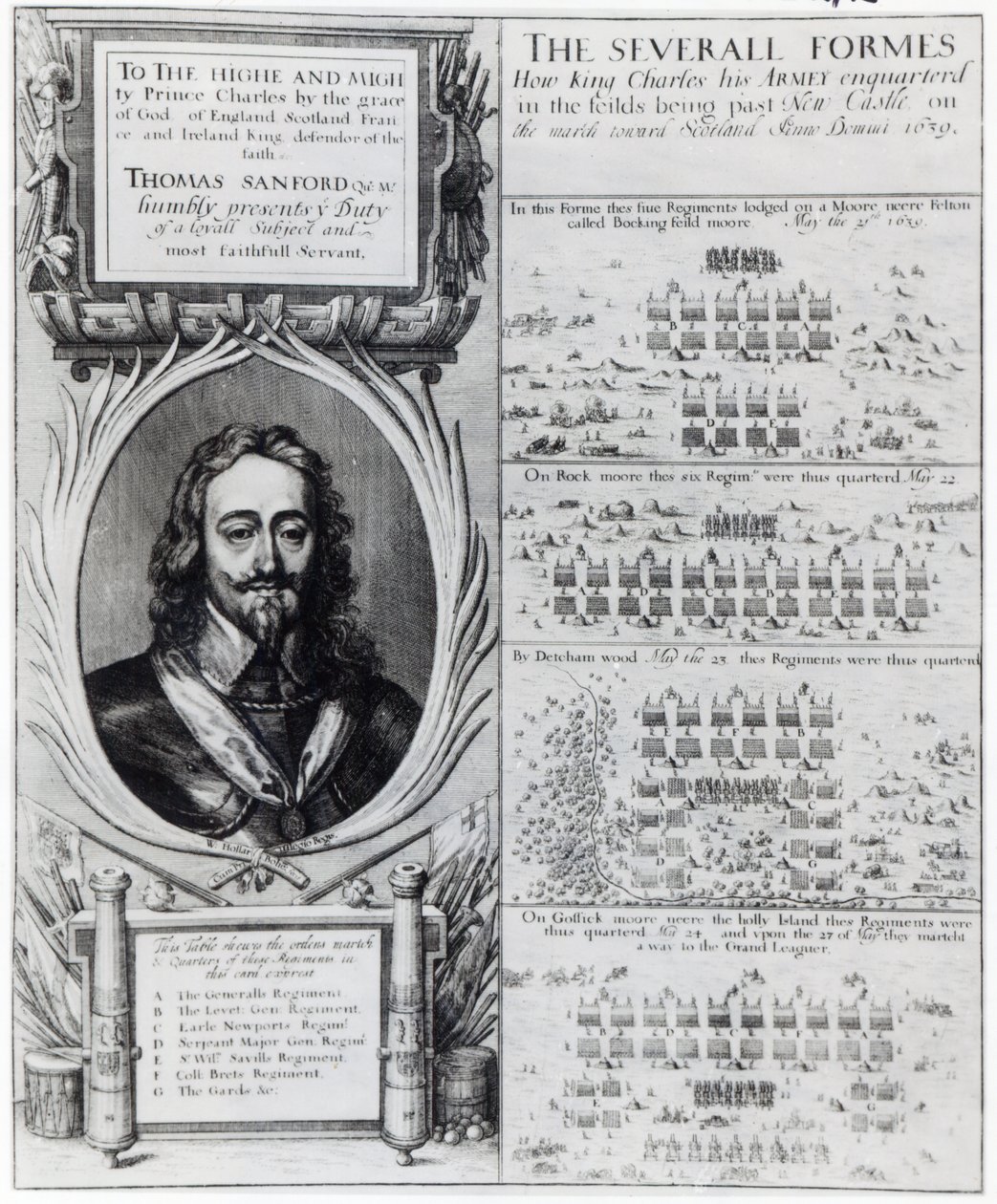 Ritratto di Re Carlo I con diagrammi che mostrano la formazione delle sue truppe durante la Guerra dei Vescovi, c.1639 da Wenceslaus Hollar