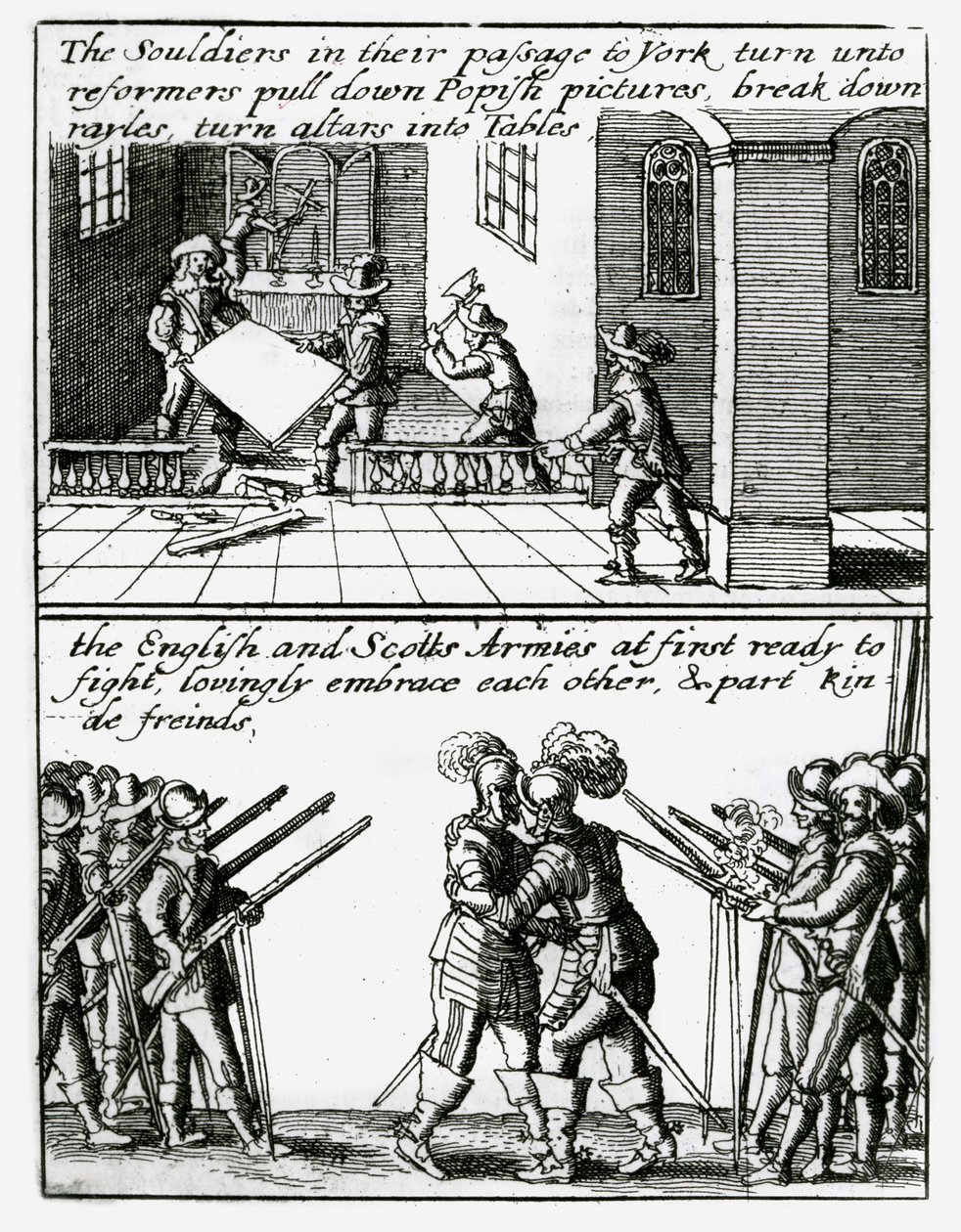 Soldati distruggono immagini religiose in una chiesa; soldati inglesi e scozzesi si abbracciano da Wenceslaus Hollar
